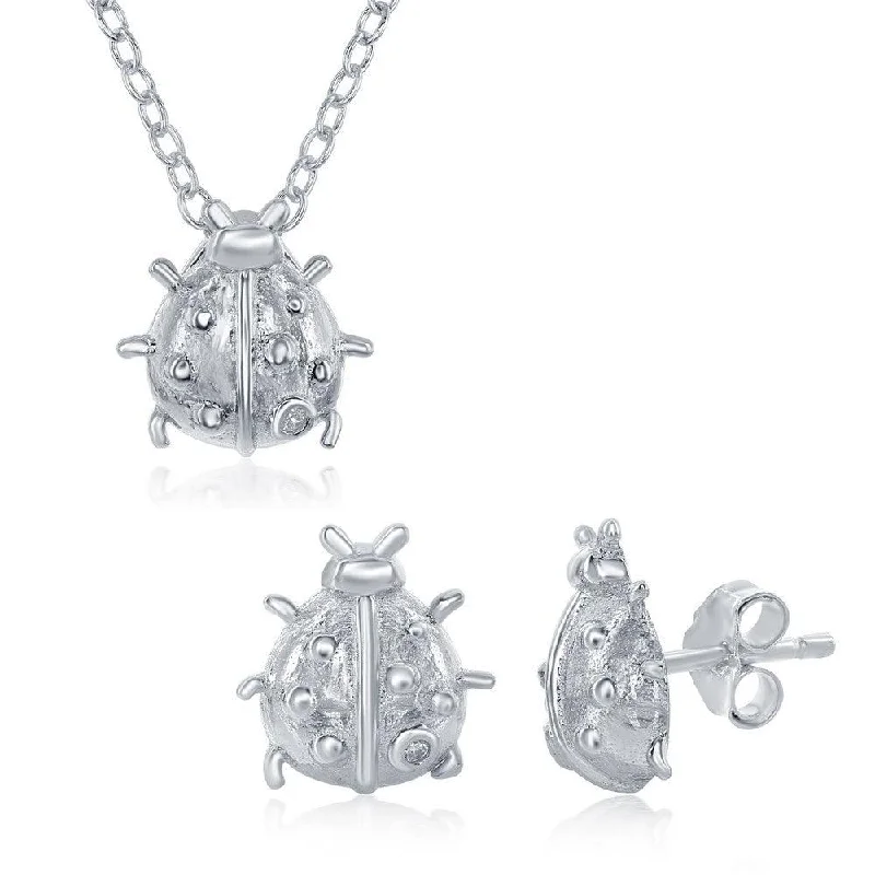 Women's statement earrings-Sterling Silver Small Lady Bug Necklace and Earrings Set