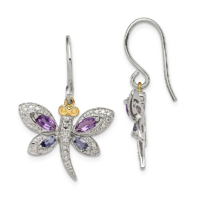 Women's alloy earrings-Sterling Silver & 14K Amethyst and Iolite and Diamond Dragonfly Earrings