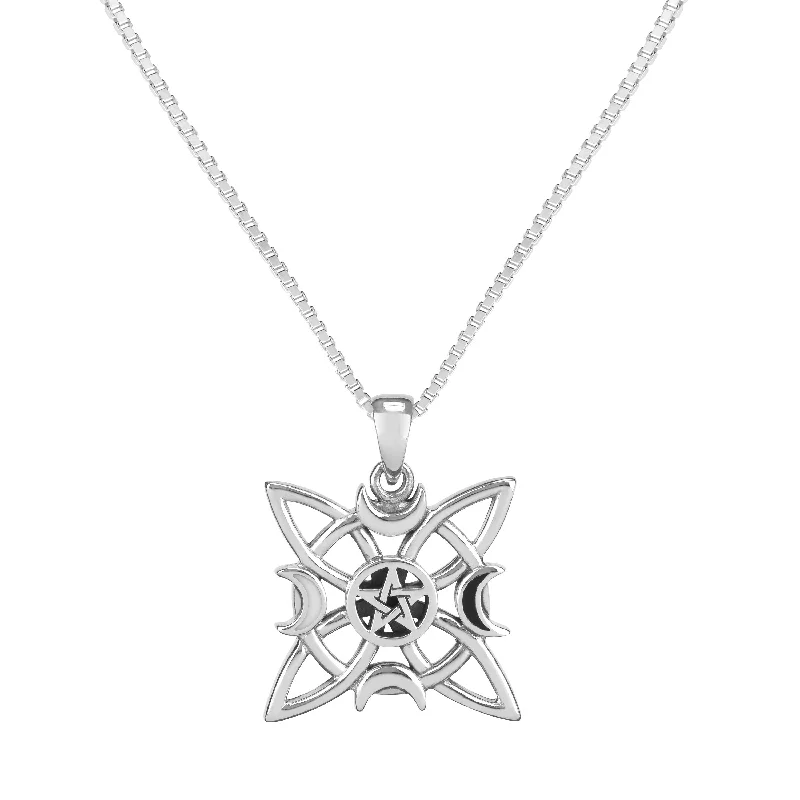 Women's holiday necklaces-Jewelry Trends Celtic Star Pentacle with Crescent Moons Sterling Silver Pendant Necklace 18"