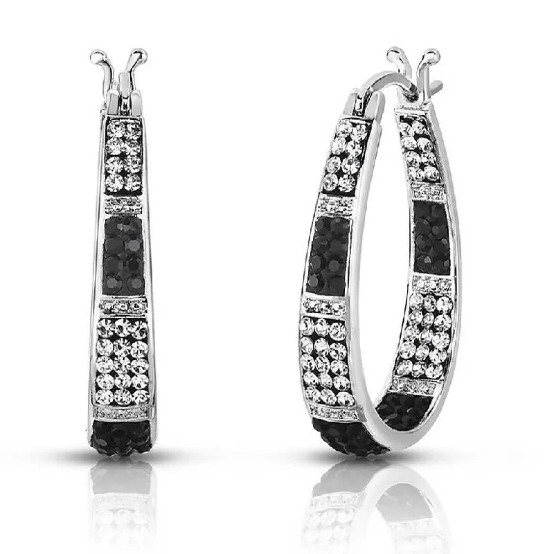 Women's art deco earrings-Graduated Black & White Crystal Hoop Earring