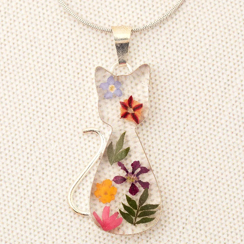 Women's family necklaces-Real Flowers & Sterling Cat Necklace