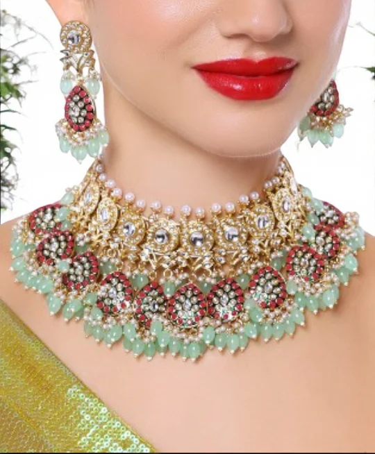 Trendy women's earrings-Handcrafted Wedding Pearl Choker Kundan Earring Maangtika Set, choker earring mangtika set, Bridal Jewellery Set, Bollywood choker earring set, Bridal mangtika, indian Jewelry