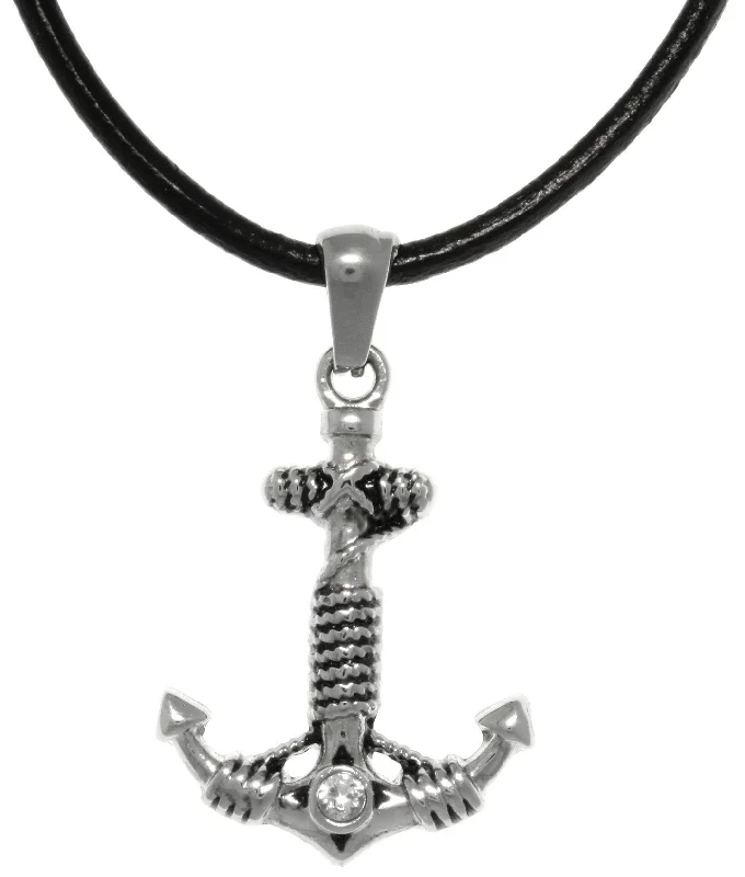 Women's luxury brand necklaces-Jewelry Trends Stainless Steel Hope Anchor Pendant with Crystal and Rope Detail on Black Leather Necklace