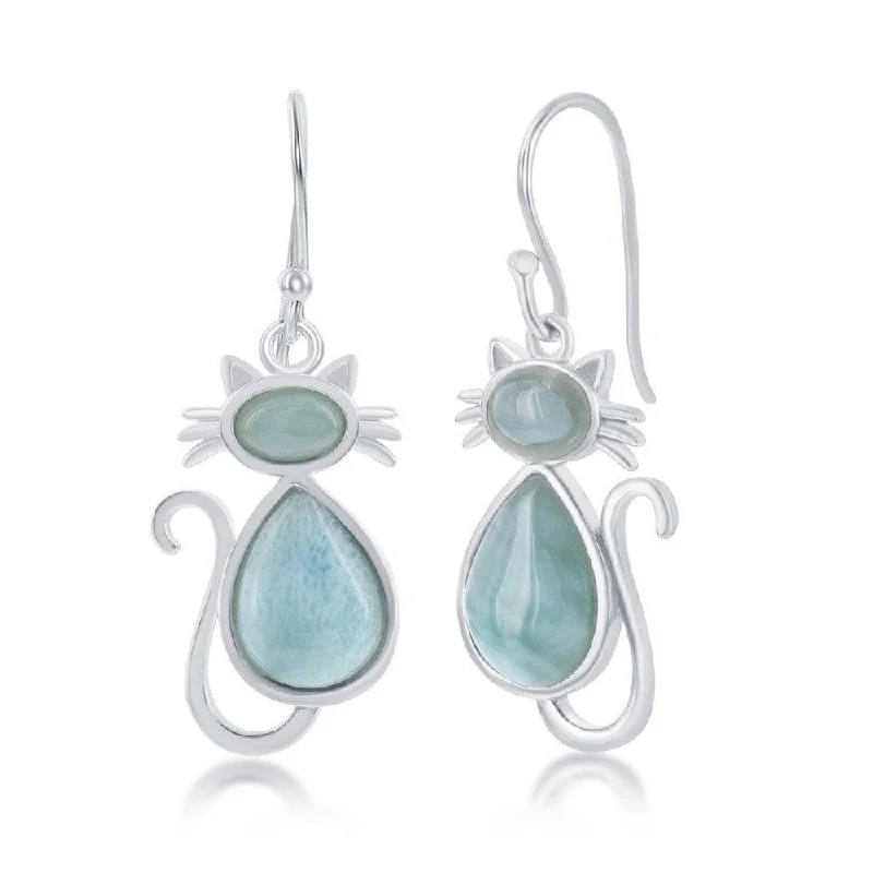 Women's zodiac earrings-Sterling Silver Blue Larimar Cat Earrings