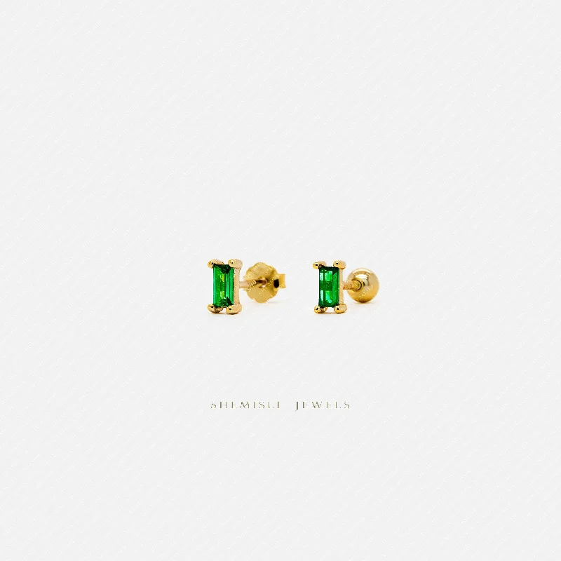 Women's gold earrings-Tiny Emerald Baguette Stud Earrings, Unisex, Gold, Silver SHEMISLI SS023 Butterfly End, SS455 Screw Ball End (Type A)