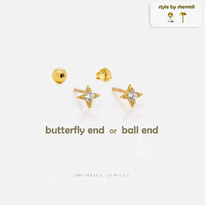 Women's nickel-free earrings-Tiny White Stone 4 Point Star Studs Earrings, Celestial Earrings, Unisex, Gold, Silver SHEMISLI - SS863 Butterfly End, SS864 Screw Ball End