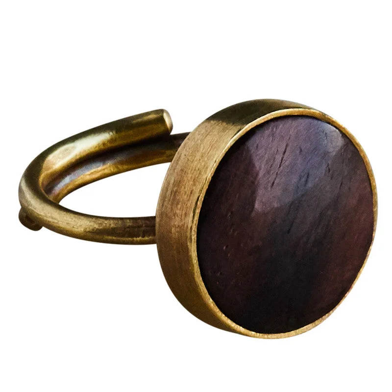 Women's charm rings-Penny Ring, Brass, Dark Wood