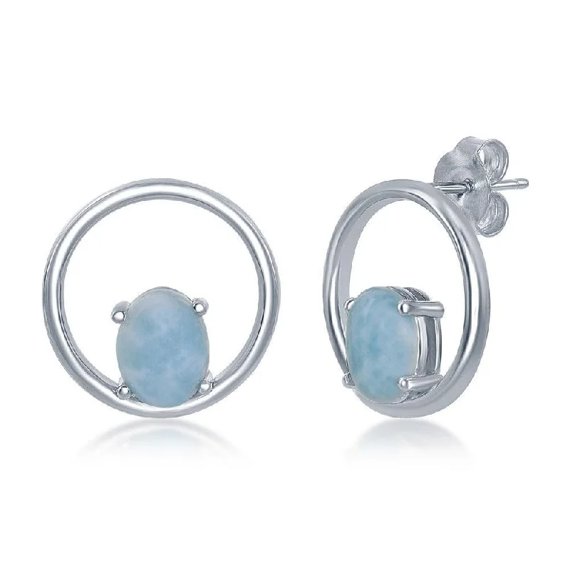 Women's star earrings-Sterling Silver Oval Larimar Open Circle Earrings