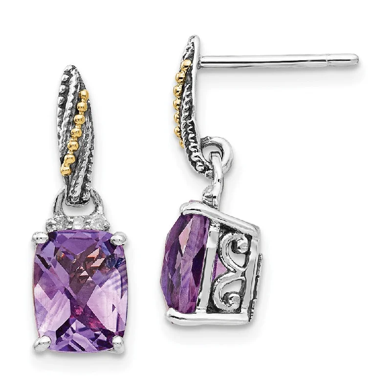 Women's leather earrings-Sterling Silver w/14k Diamond and Amethyst Dangle Post Earrings