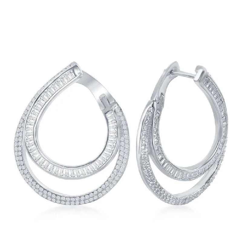 Women's art deco earrings-Sterling Silver Micro Pave Double J-Design Earrings