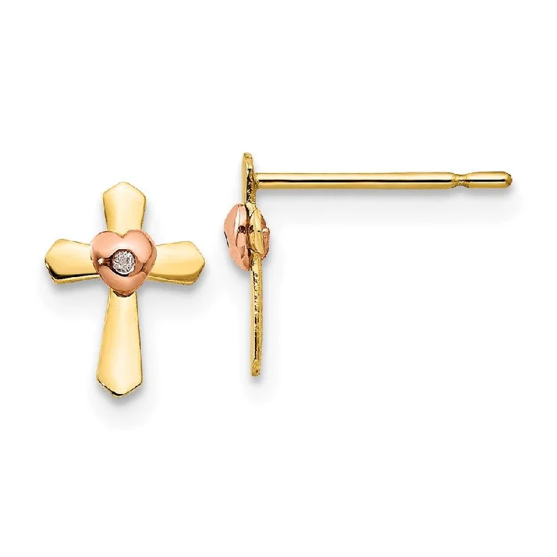 Women's stainless steel earrings-Madi K Kid's 14k Yellow & Rose Gold   Cross Heart Post Earrings