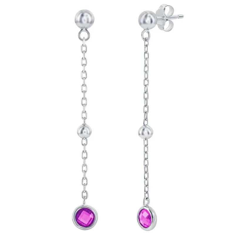 Women's gold earrings-Classic Women's Earrings - Sterling Silver Ruby Bezel-Set CZ and Bead Chain | D-8377