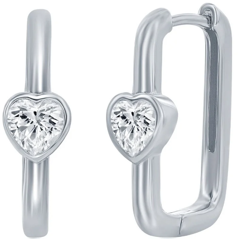 Women's Valentine's Day earrings-Classic Women's Earrings - Sterling Silver CZ Heart Shaped Rectangle Hinged | D-8216