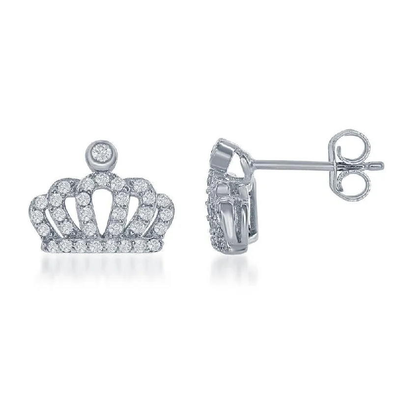 Women's symbolic earrings-Sterling Silver Small CZ Crown Stud Earrings