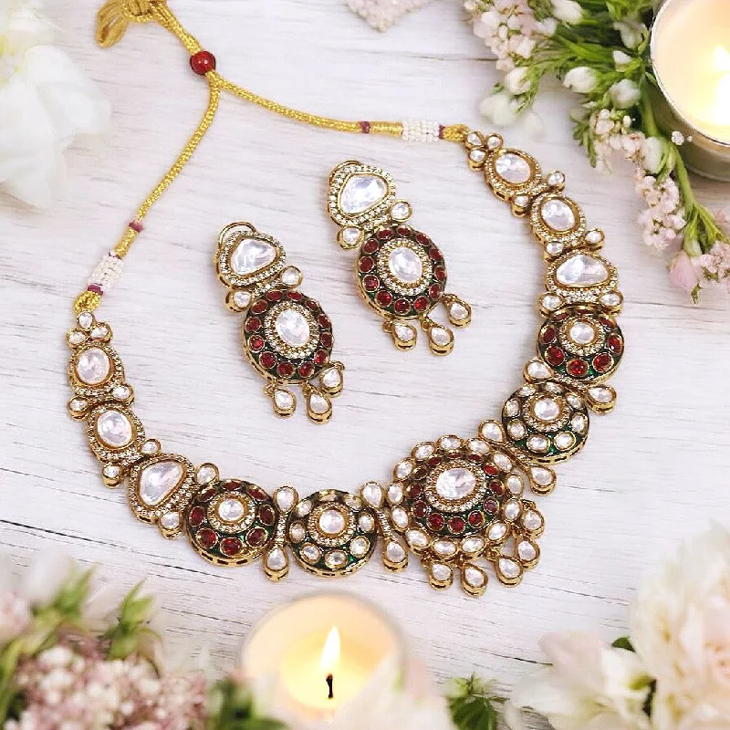 Women's modern earrings-Handcrafted Gold Plated Polki Necklace Earrings Set, Handcrafted Polki Jewelry Set, Handcrafted Polki Earrings Set, Handcrafted Bridal Jewellery, Indian Polki Necklace Set, Pakistani Handcrafted Polki Jewelry Set