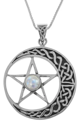 Women's family necklaces-Jewelry Trends Sterling Silver Celtic Moon and Star Pentacle Pendant with Moonstone on 18 Inch Box Chain Necklace