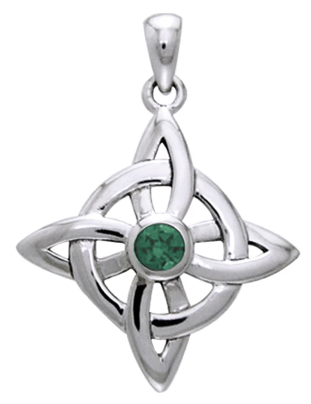 High-end women's necklaces-Jewelry Trends Sterling Silver Celtic Good Luck Knot Pendant with Green Glass Stone on 18 Inch Box Chain Necklace