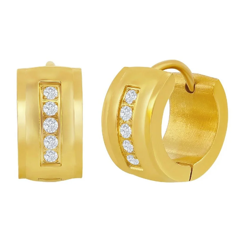 Luxury women's earrings-Blackjack Women's Earrings - Gold Plated Stainless Steel 13x7mm CZ Hoop | SA-6087