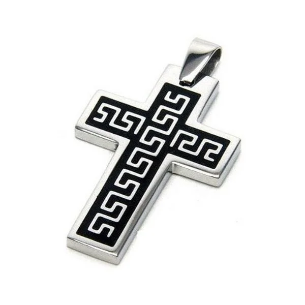 Women's symbolic necklaces-Greek Key Cross - Stainless Steel Greek Key Cross Pendant on Black Rolled Leather Necklace