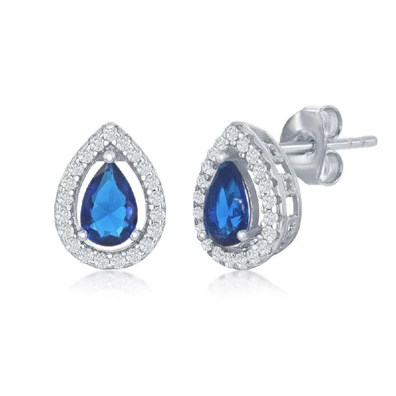 Women's elegant earrings-Sterling Silver Sapphire CZ Pear shape Stud Earrings