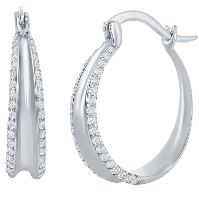 Women's fingerprint earrings-Classic Women's Earrings - Sterling Silver Double CZ Hoop Hinged Closure | D-7849