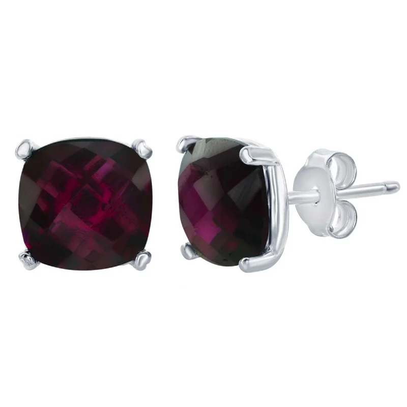 Women's sapphire earrings-Classic Women's Earrings - Silver Rhodolite 'October' Birthstone Square | D-6823