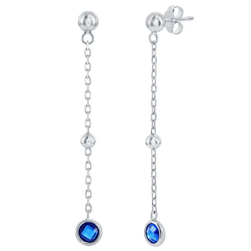 Women's pearl earrings-Classic Women's Earrings - Sterling Sapphire Bezel-Set CZ and Bead Chain | D-8376