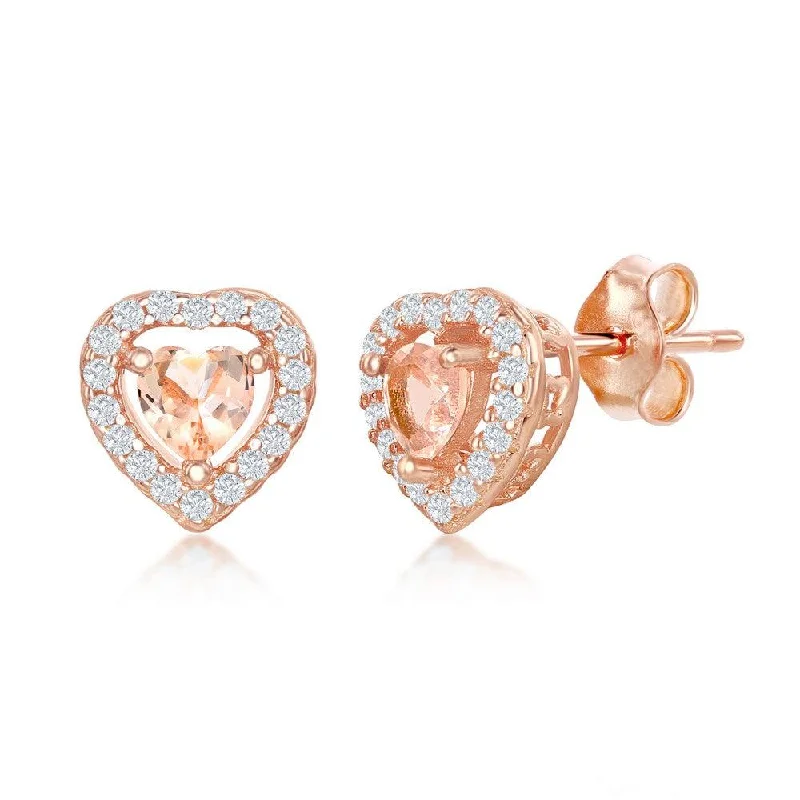 Women's geometric earrings-Sterling Silver Rose GP Heart Morganite CZ Stud Earrings