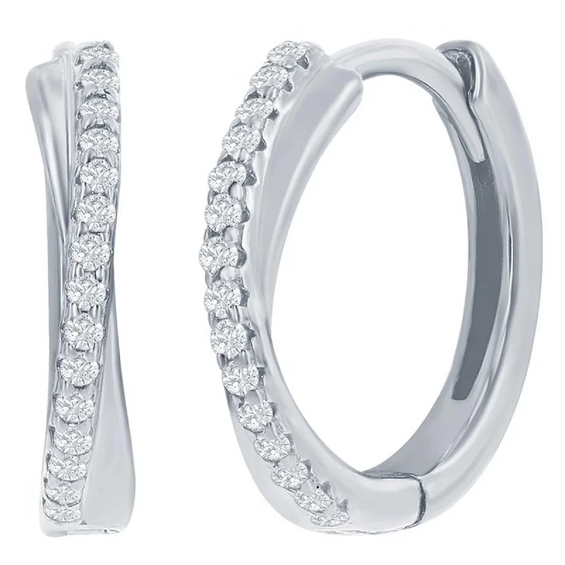 Designer women's earrings-Classic Women's Earrings - Sterling Silver 'X' Design CZ 15mm Huggie Hoop | D-8324