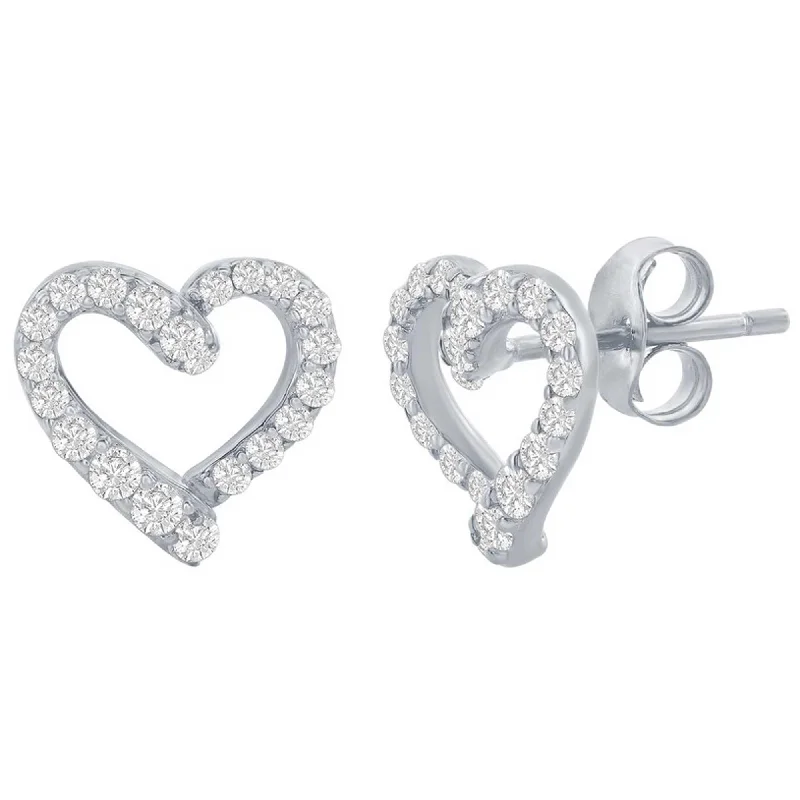 Women's threader earrings-Classic Women's Earrings - Sterling Silver CZ Open Heart Stud | D-7979