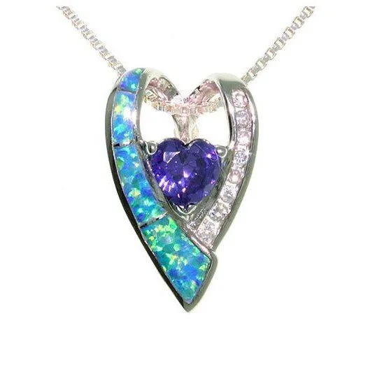 Women's star necklaces-Opal Heart Necklace - Sterling Silver Created Blue Opal Double Heart Pendant with Clear and Amethyst Purple CZ Cubic Zirconia on 18" Chain Necklace