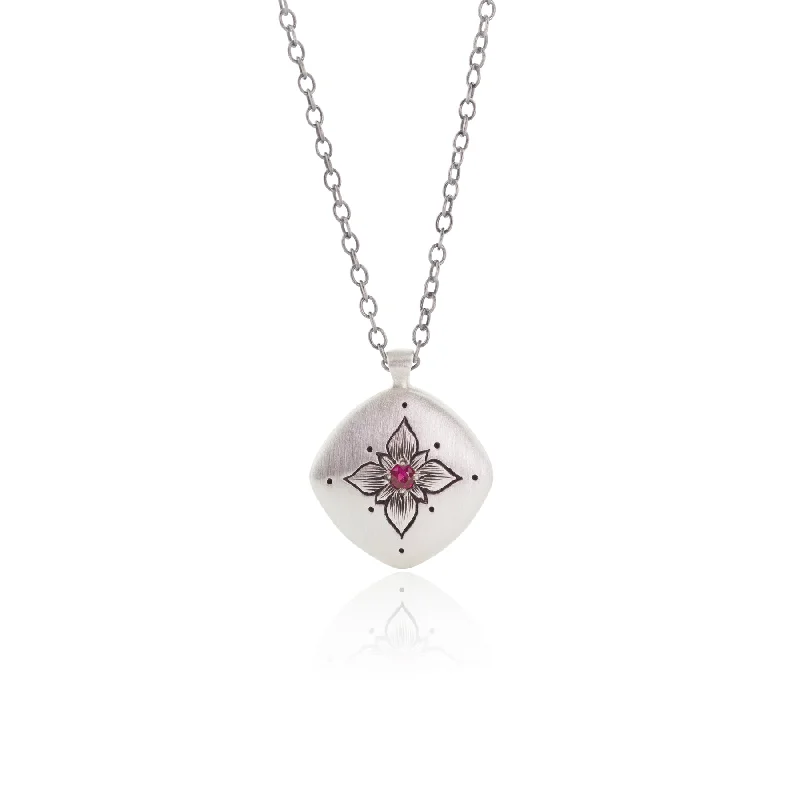 Women's minimalist necklaces-Lotus Cushion Pendant with Ruby in Sterling Silver by Adel Chefridi