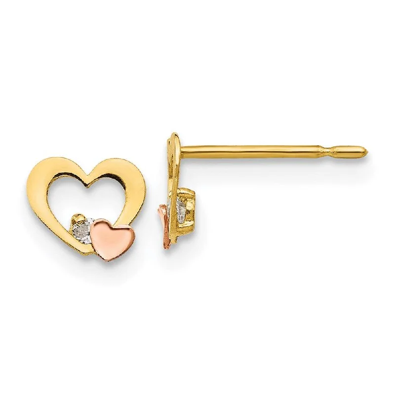 Women's stainless steel earrings-Madi K Kid's 14k Yellow & Rose Gold  CZ  Heart Post Earrings