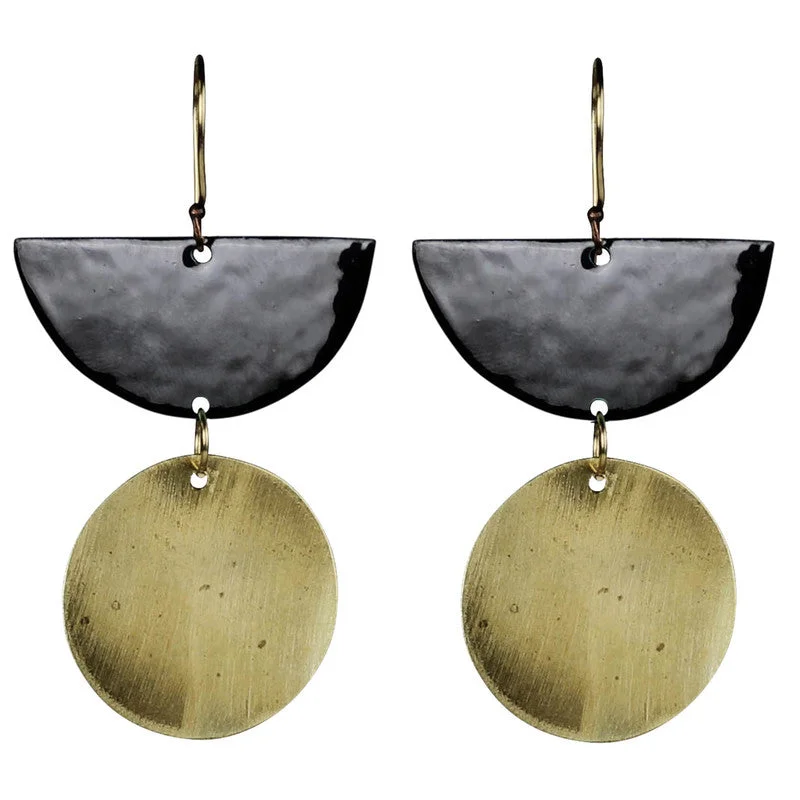 Women's cross rings-Donte Earring, Semi Circle With Circle Black Enamel & Brass