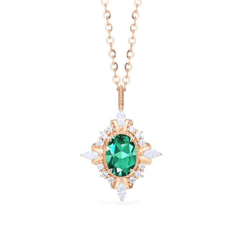 Women's sustainable necklaces-[Alessandra] Art Deco Oval Cut Necklace in Lab Emerald