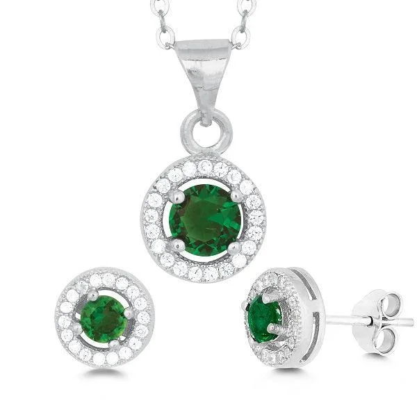 Women's sun earrings-Sterling Silver Round Green CZ Pendant and Earrings Set