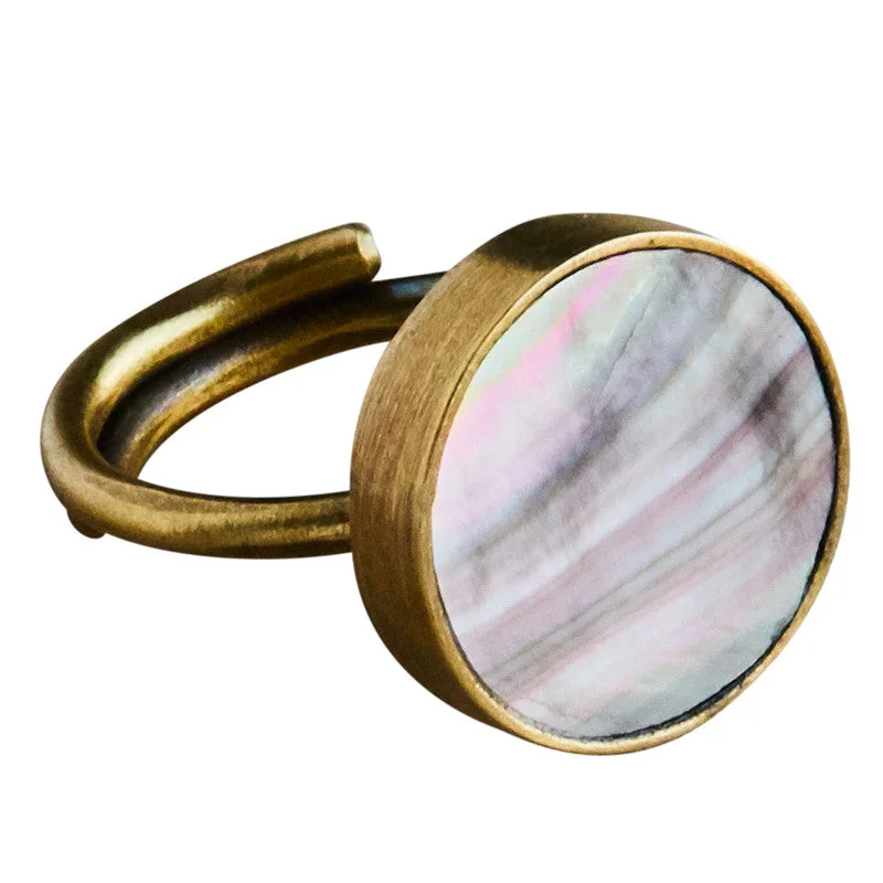 Women's religious rings-Penny Ring, Brass, Mother of Pearl - Dark