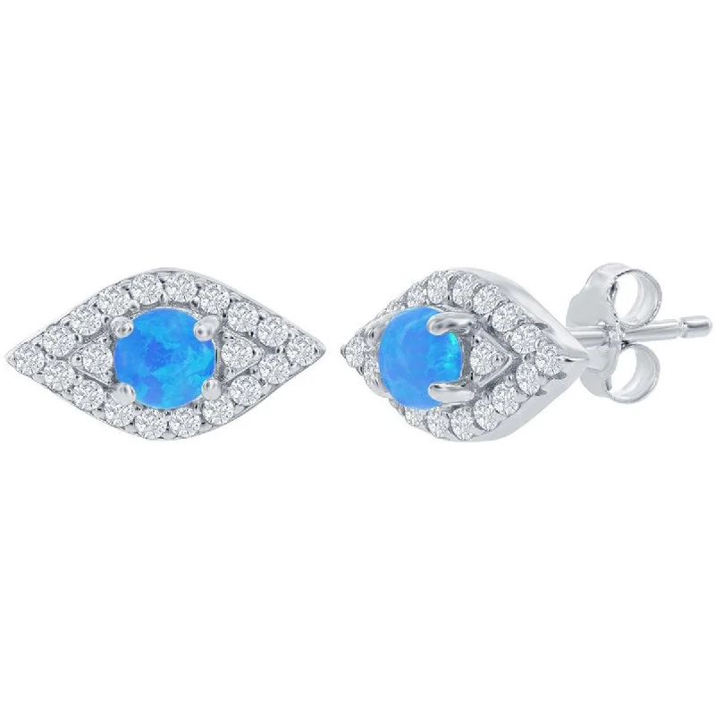 Women's formal earrings-Opalata Women's Earrings - Sterling Silver Blue Opal and CZ Evil Eye Stud | D-8348