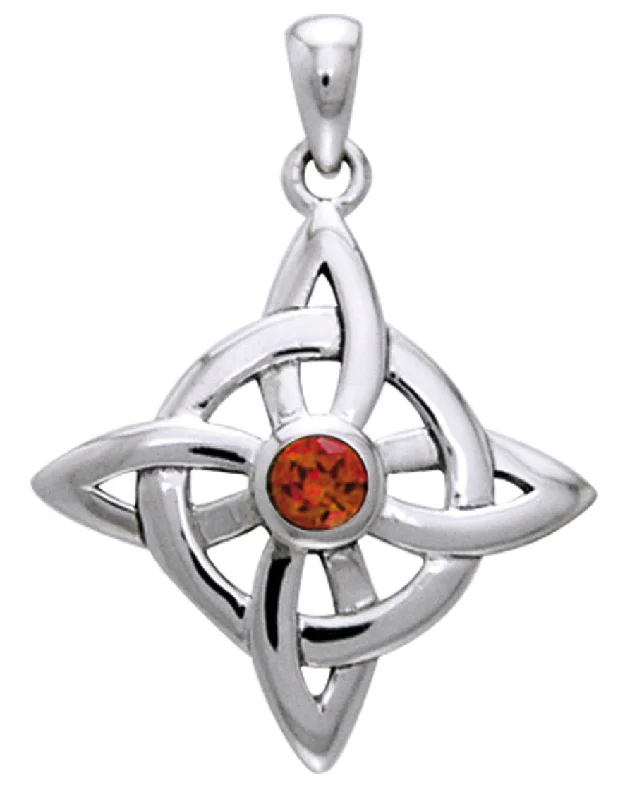 Affordable women's necklaces-Jewelry Trends Sterling Silver Celtic Good Luck Knot Pendant with Garnet Stone on 18 Inch Box Chain Necklace