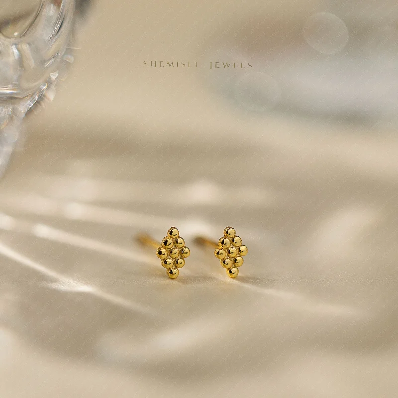 Women's party earrings-Dainty Beaded Diamond Shape Stud, Unisex, Gold, Silver SHEMISLI SS647 Butterfly End, SS648 Screw Ball End (Type A)