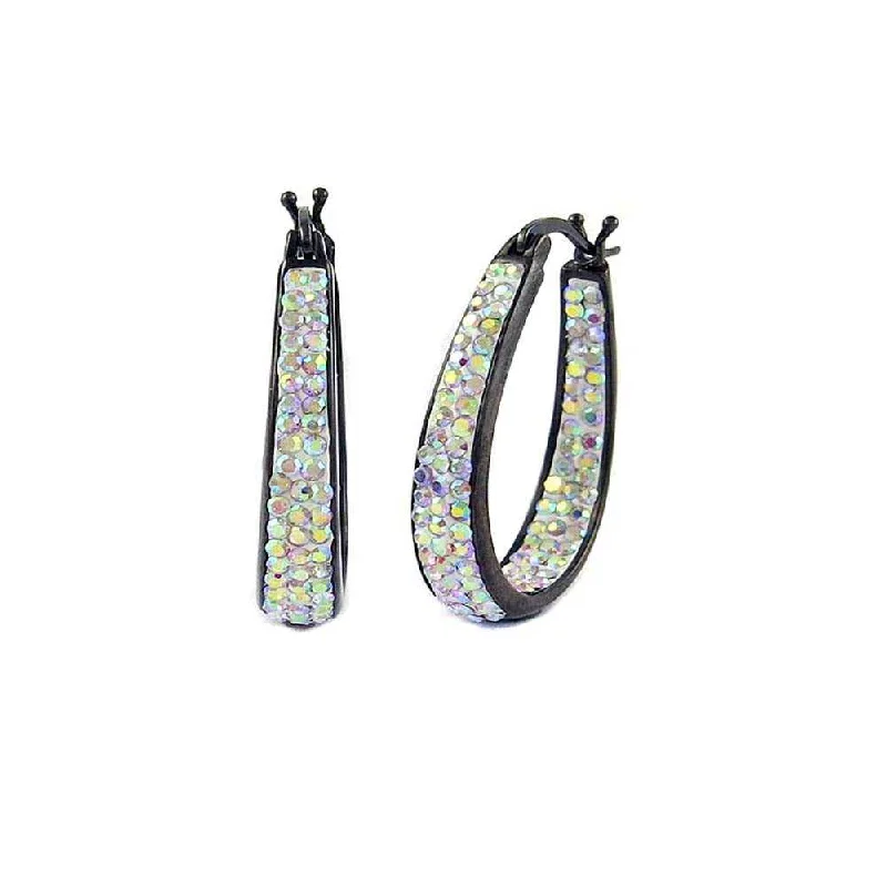 Women's pearl earrings-Black Rhodium Plated Graduated Aurora Borealis Crystal Hoop Earring