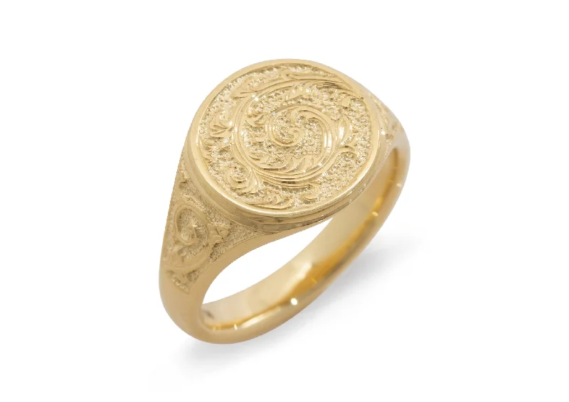 Women's friendship rings-Round Hand Engraved Signet Ring, Yellow Gold