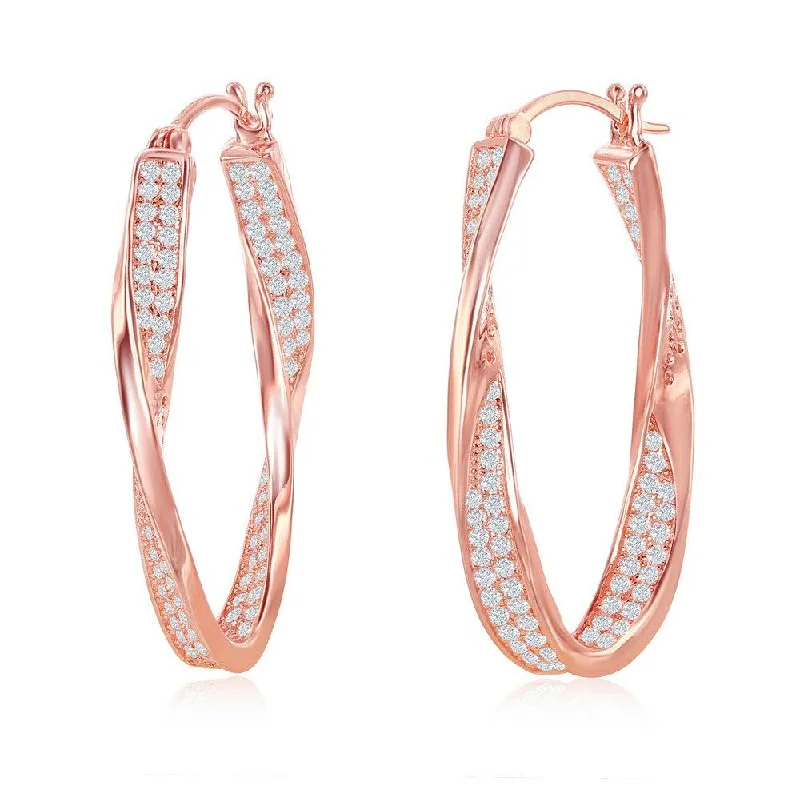 Women's unique earrings-Sterling Silver Rose Gold Plated Micro Pave Twisted Oval Earrings