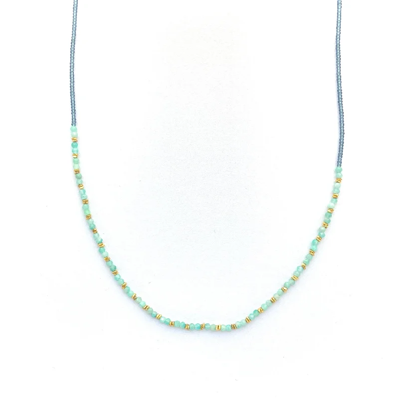 Women's unique necklaces-Amazonite and Gray Seed Beaded Necklace by Debbie Fisher