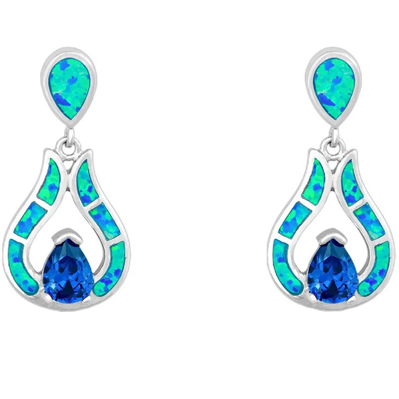 Women's limited edition earrings-Opalata Women's Earrings - Sterling Silver Blue Opal Teardrop with Center CZ | D-5192