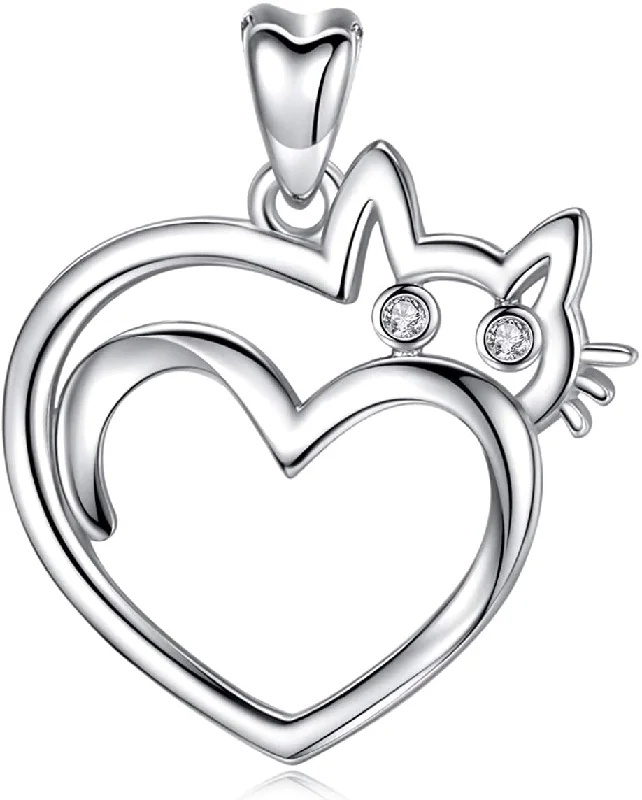 Women's short necklaces-Jewelry Trends Kitty Cat Heart CZ Sterling Silver Pendant Necklace 18"