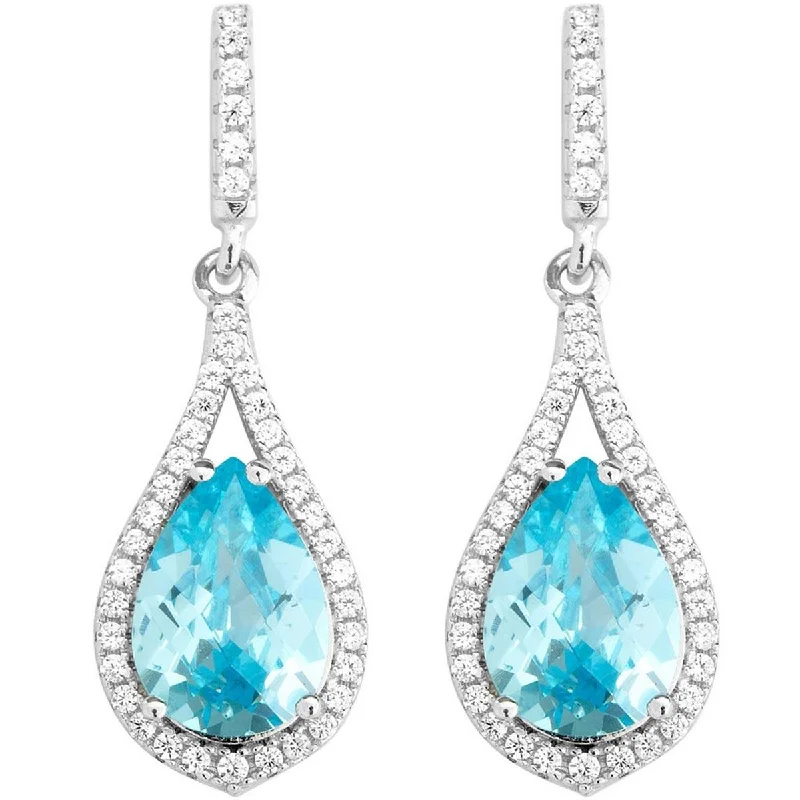 Women's modern design earrings-Classic Women's Earrings - Silver Teardrop Clear with Center Bright Blue CZ | D-5457