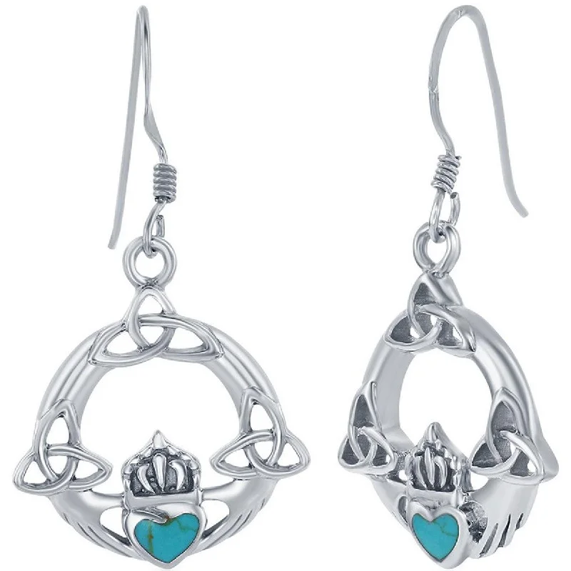 Women's luxury gift earrings-Classic Women's Earrings - Sterling Silver Turquoise Heart Celtic Claddagh | D-8092