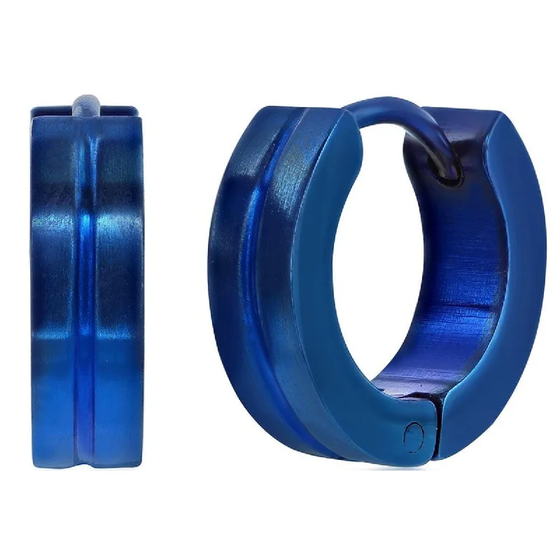 Women's fingerprint earrings-Blackjack Women's Earrings - Blue Plated Steel 13mm Lined Huggie Hoop | SA-6080