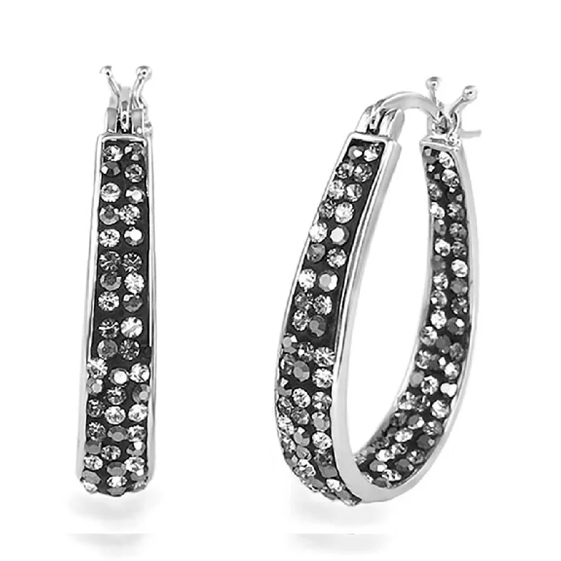 Women's hypoallergenic earrings-18kt White Gold Plated Graduated Hematite Crystal Hoop Earring